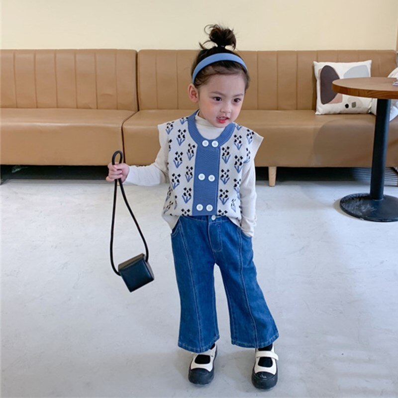 Populær koreansk babypiger retro vest blomst strikket cardigan børn dobbeltradet sweater vest
