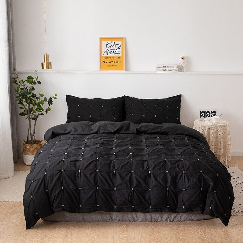 Grå svart dynetrekk sengetøy sett solid sengetrekk klype fold kunstverk enkelt queen king size 3 stk med putevar