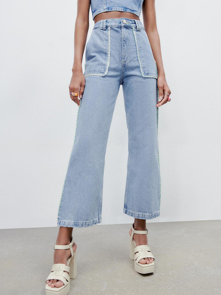 Voorjaar Vrouwen Mode Retro Alle-Wedstrijd Hoge Taille Dunne Losse Ongedwongen Pocket Wijde Pijpen Contrast Stiksels jeans