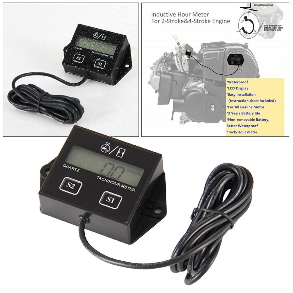 Waterproof Tach Hour Meter Small Gas Engines Tachometer RPM Gauge for Chain Saw Snowblower Lawnmower ATV Boat Motorcycle Marine
