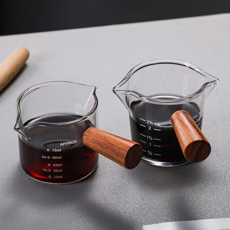 75ml Coffee Milk Jugs Measuring Cup with Scale Heat-resistant Glass with Wooden Handle High Borosilicate Glass Cups