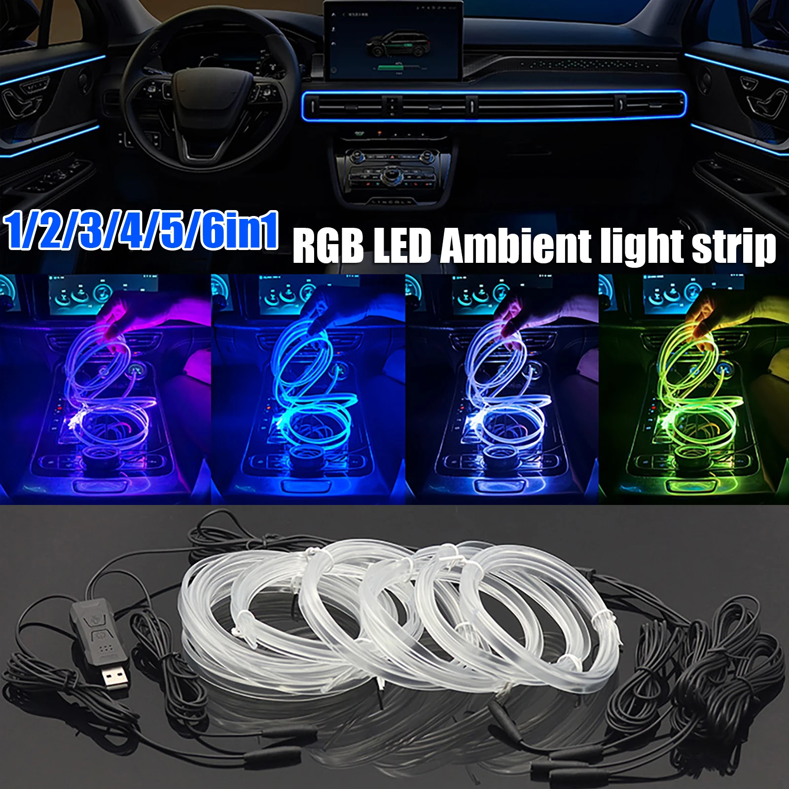 Auto Rgb Ambient Led Light Strip Usb Fiber Optic Sfeer Neon Onzichtbare Lichtstrip Middenconsole Deur Decoratie Lamp
