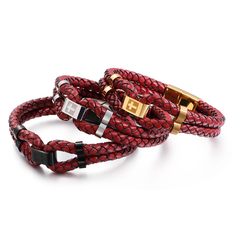 Pulseras de dijes cruzados de acero inoxidable de 210mm para hombre, joyas de cuero negras/rojas de doble capa