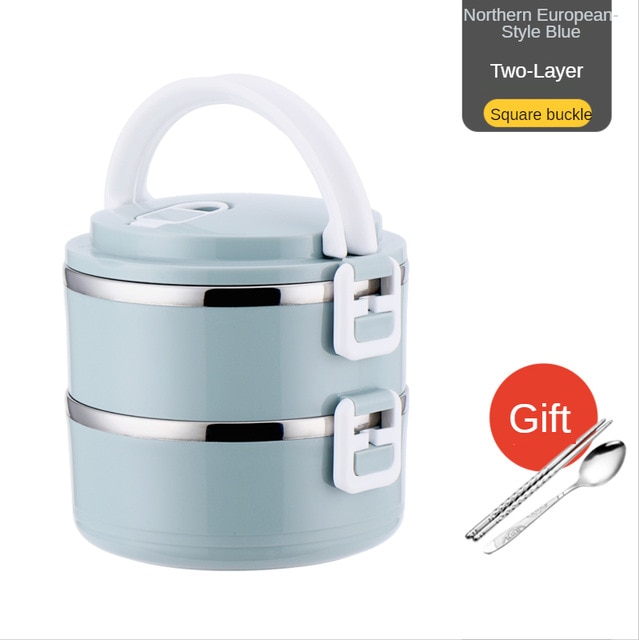 Container Stainless Steel Thermal Lunch Box Layers Sealed Grid Hidden Hand Tableware Students Adult Lunch Box: Square buckle double layer Northern Europe blue  with stainless steel chopsticks and spoon