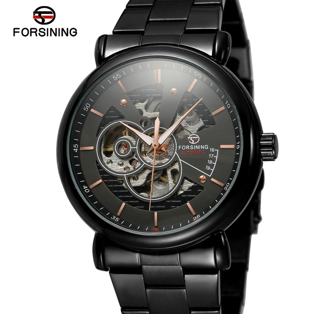 FORSINING Luxe Automatische Mechanische Horloge Goud Stalen Zakelijke Horloges Originele Mannen Horloge Top Klok Mannen Relojes Masculino: BLACK