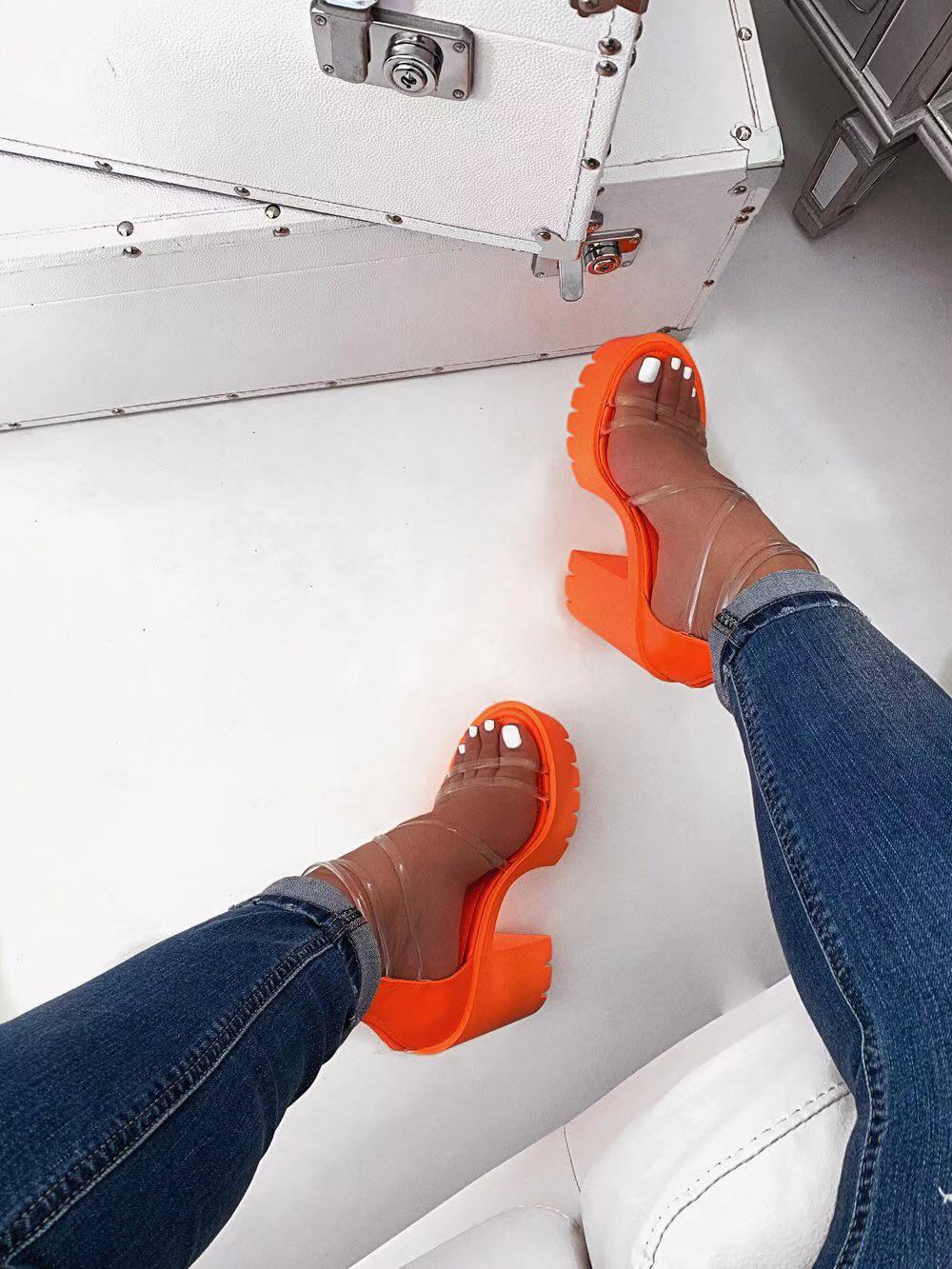 Summer Orange PVC Jelly Sandals Plus Size Thick High Heels Shoes For Women Narrow Band Platform Transparent Sandals Chaussure Fe