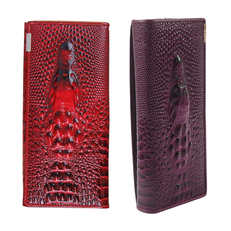 2x dames clutch portemonnees van lakleer met 3d reliëf alligatorprint en krokodillenprint (donkerrood en paars)