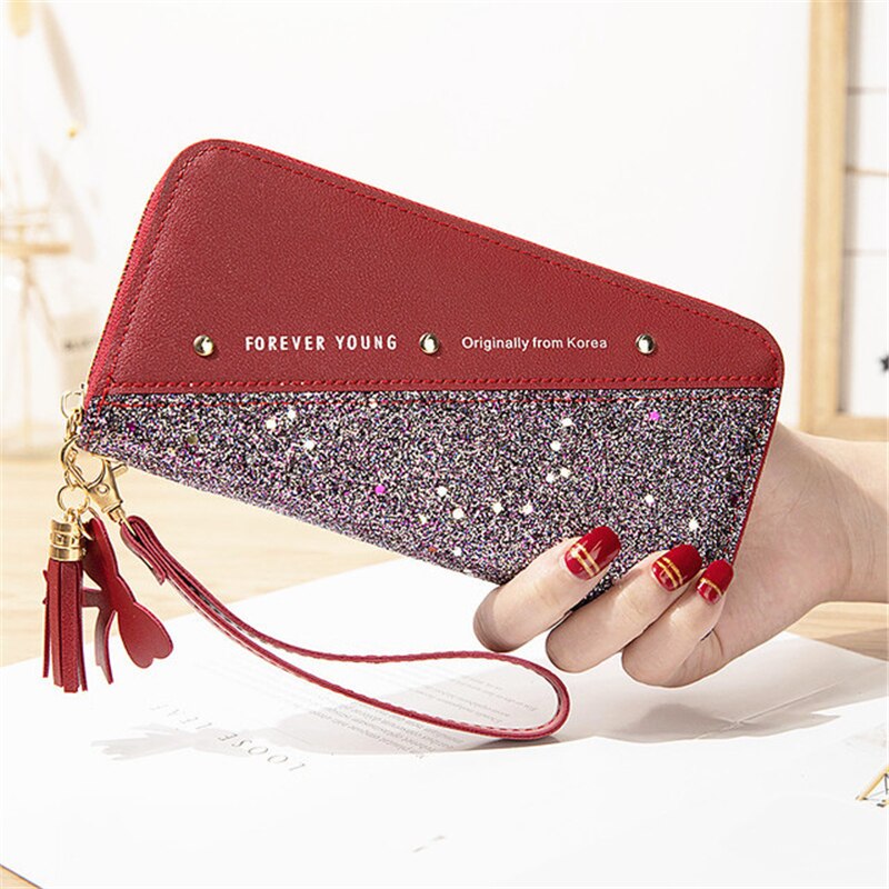 Sequined Patchwork Glitter Wallet for Women Long PU Leather Wallet Coin Purse Female Wallets Girls Wholeale: Red