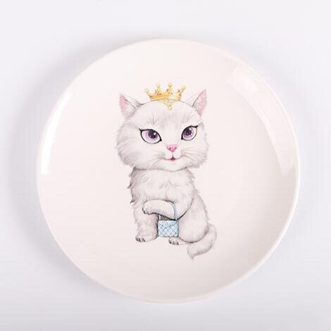 Assiette dessin animé motif chat assiette en céramique 8 pouces plat blanc impression plaque moderne maison vaisselle bonbons plateau hambourg assiette: D