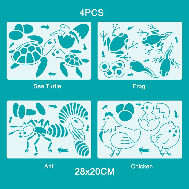 Simulation Animals Life Cycle Model Ladybug Butterfly Hen Turtle Frog Ant Figurine and Stencils Drawing Educational Toys: 4PCS Stencils A