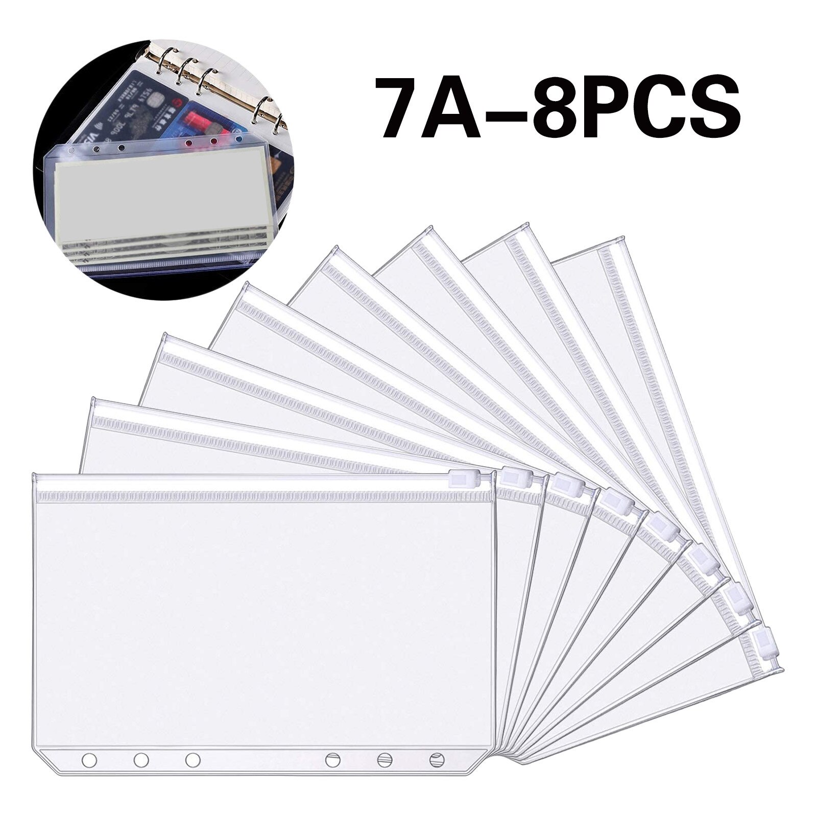 20 PCS A7 Binder Pockets Plastic Binder Zip Document Holders PVC Waterproof Tear-resistant Loose Leaf 13 x 9 cm With 6 Holes