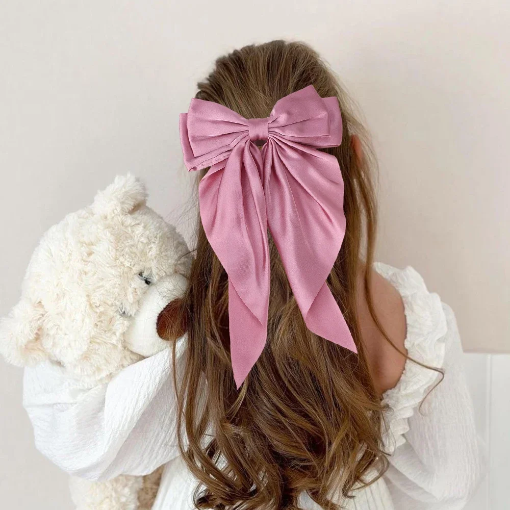 Clips de satén flotantes con lazo grande y largo para niña, Clip para el pelo para la cabeza trasera, rojo Internet con el mismo temperamento, accesorios elegantes para el cabello,