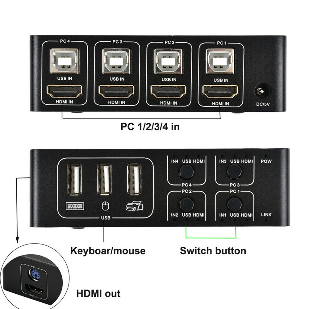 4K Stable Aluminum Alloy Ultra HD KVM Switcher USB for Plug And Play 4 Port Hub For Mouse Keyboard Computer