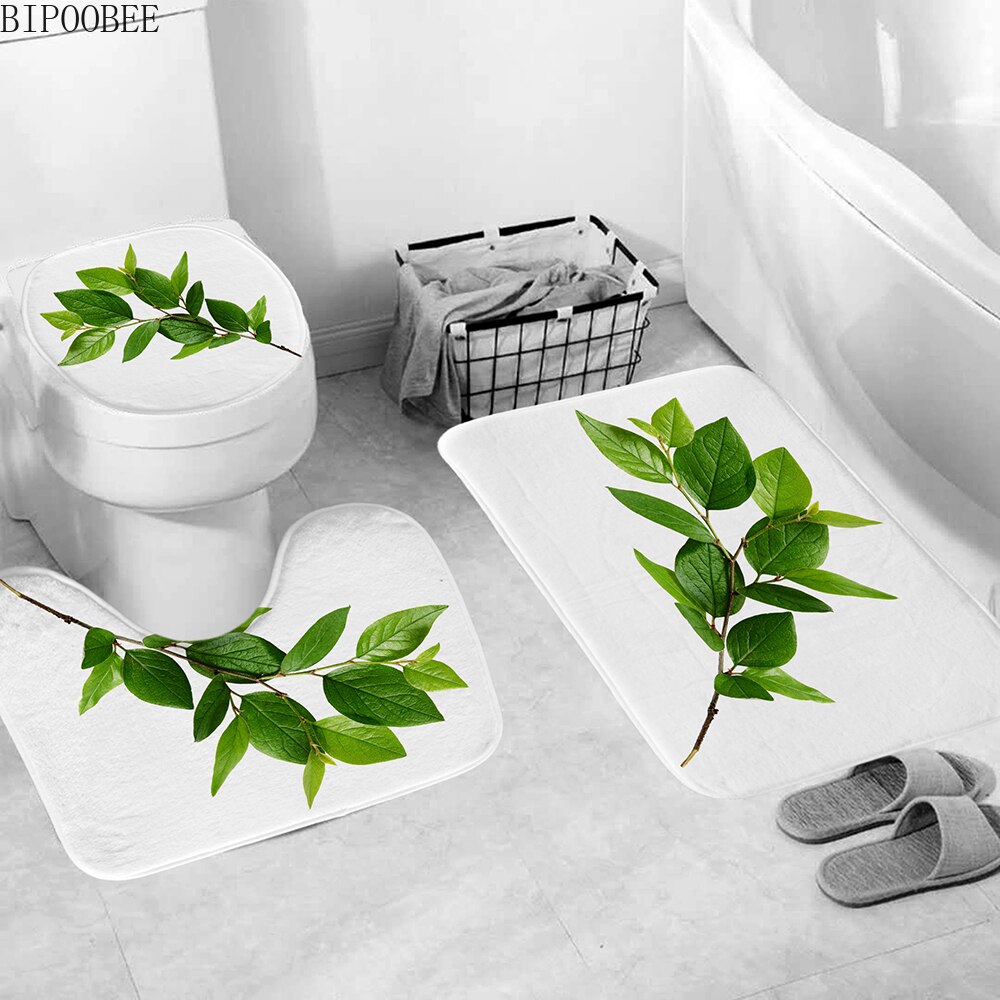 Groene Bladeren Afdrukken Douchegordijn Tropische Planten Natuurlijke Badkamer Gordijnen Anti-Slip Badmat Set Wc Tapijten Tapijt: A 3PCS