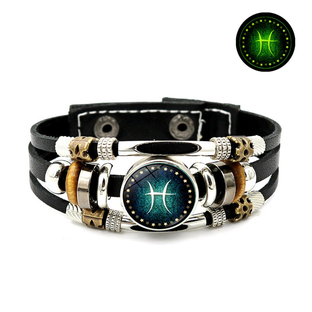 12 Constellation Lichtgevende Armband Voor Mannen Vrouwen Dierenriemtekens Sieraden Multilayer Kralen Leather Bracalet Glow In The Dark: Luminous - Pisces