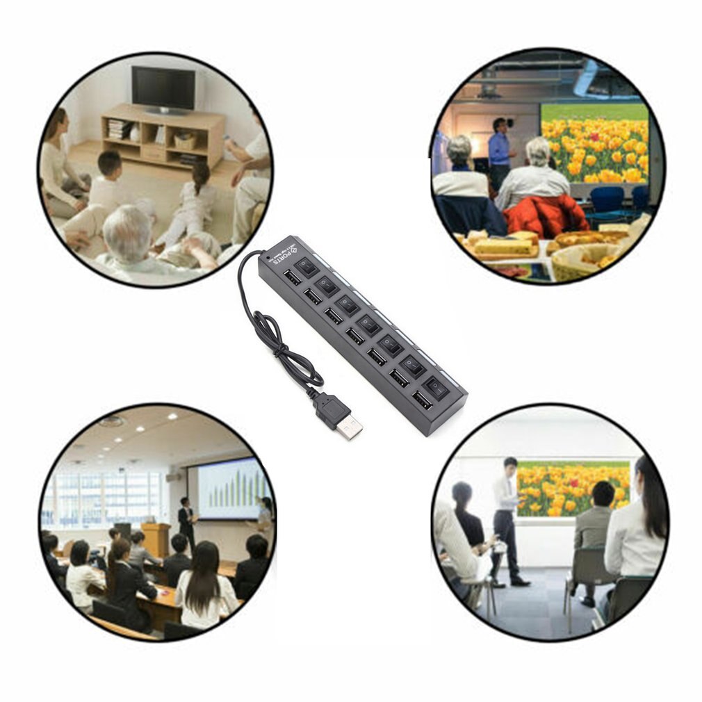 7 Ports LED USB 2.0 Adapter Hub Power on/off Switch For PC Laptop USB 2.0 High-speed USB Hub Computer Accessories