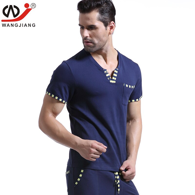 WJ Men&#39;s Casual Wear Cotton Clothes Home Furnishing V Neck Short Sleeved Men Comfortable Shirt(not Include Pants): Sapphire / M