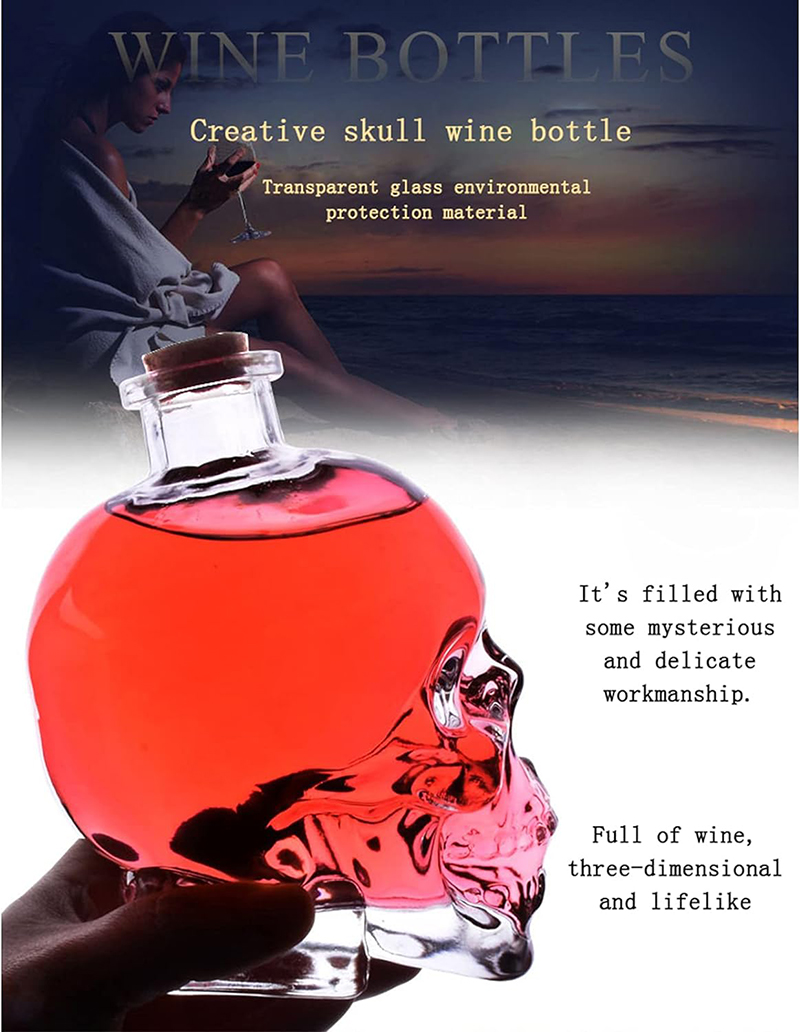 Totenkopf-Dekanter, bleifreie 3D-Totenkopf-Flasche aus Glaskristall mit Korkstopfen, Totenkopf-Einmachglas für Wodka