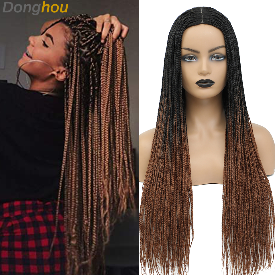 Donghou Box Braided Wigs for Black Women 26 Inch Ombre Long Micro Braids Wig Heat Resistant Fiber Small Box Braids Glueless Wig