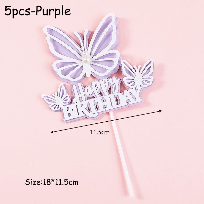 12 Stuks Vlinder Gelukkige Verjaardag Cake Topper Party Wedding Decor Cake Insert Vlag Verjaardag Topper Diy Bakken Cake Decorating Gereedschap: 5pcs-Purple