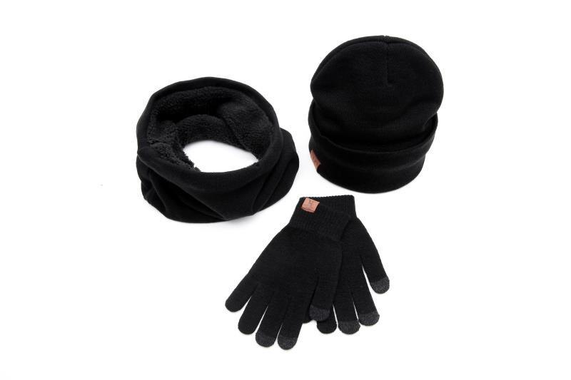 Mænds beanie hat tørklæde handsker sæt vinter strikket tyk varm hue kvinder mænd solid retro beanie hat blød touch screen handske hat sæt: Sort