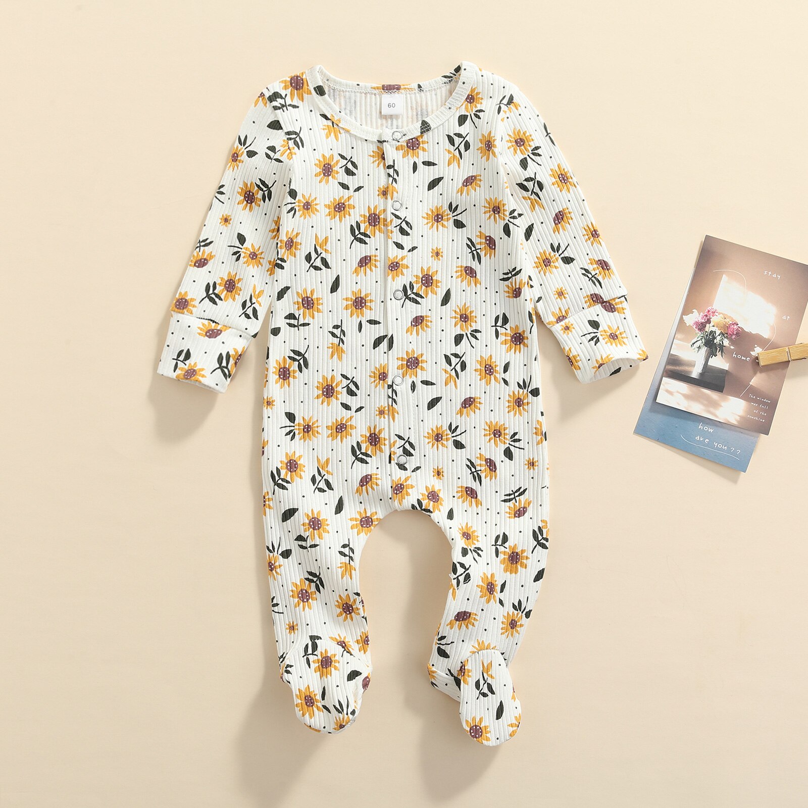 Citgeett Lente Pasgeboren Baby Meisjes Jongens Bloemenprint Footies Romper Lange Mouw Geribbelde Jumpsuit Vallen Kleren