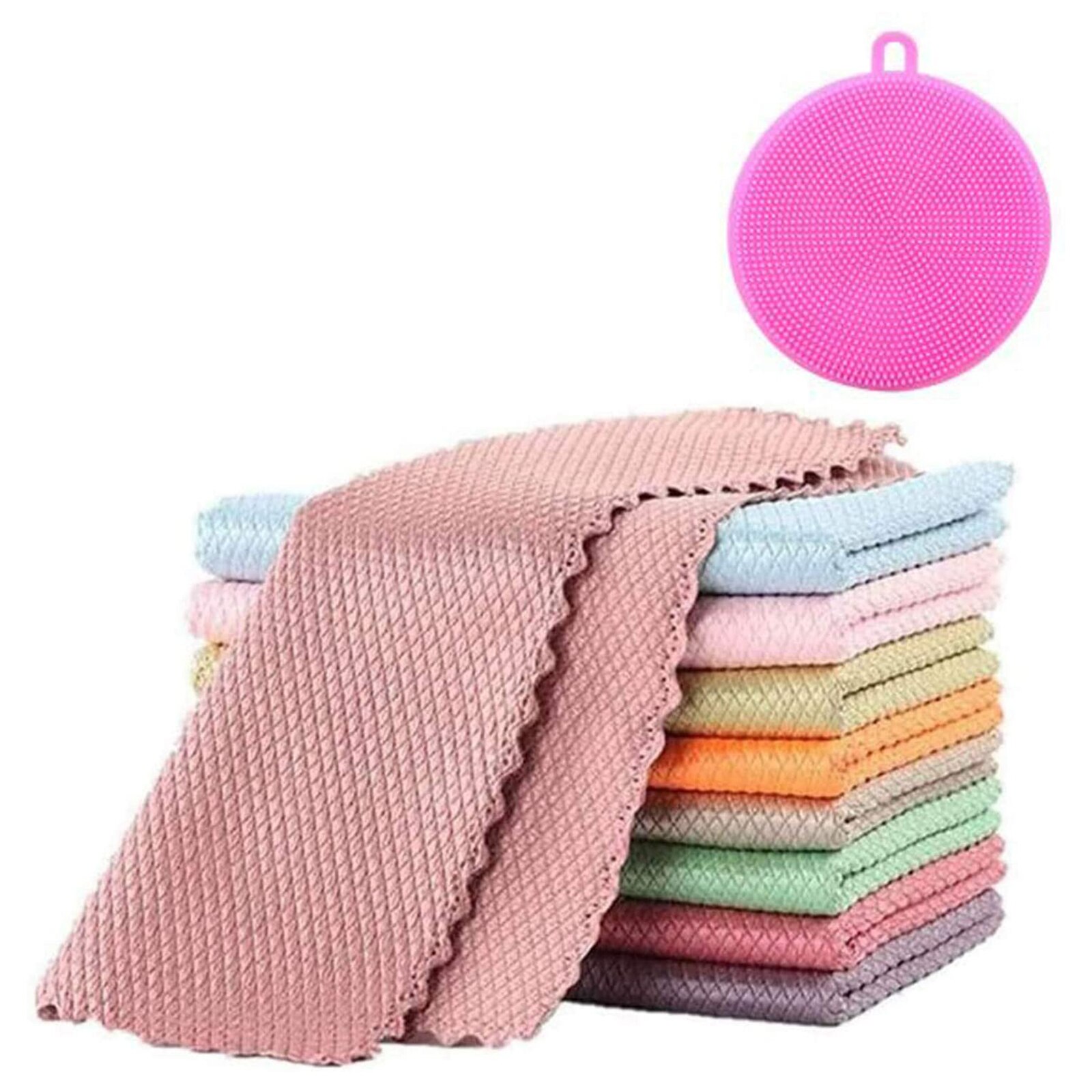 Fish Scale Cloths 11 Pcs Super Absorbent Kitchen Cleaning Rags With Brush Reusable Washable Super Absorbent Dish Cloths Kitchen