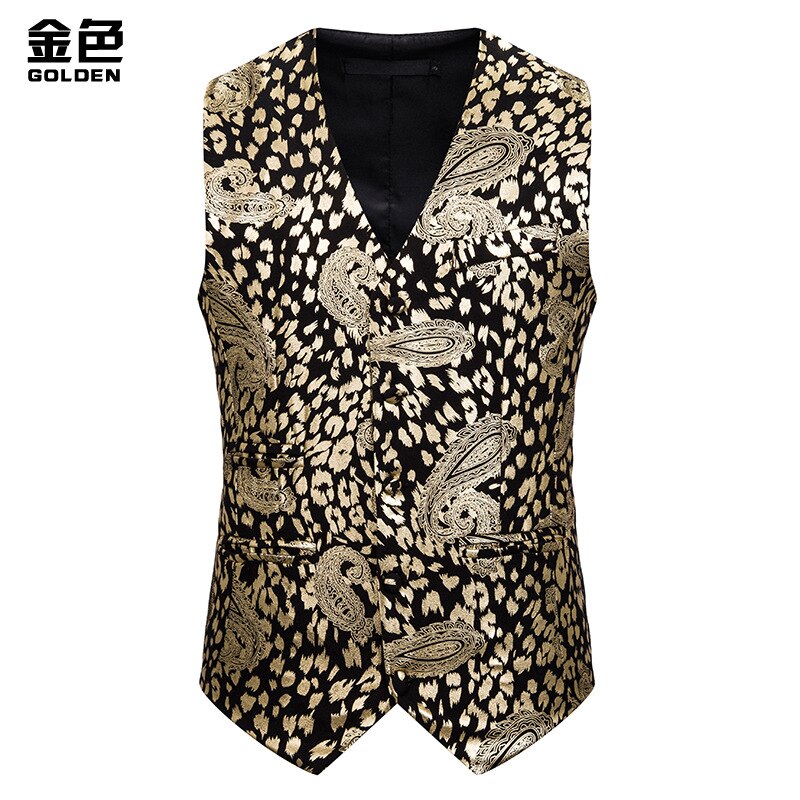Chaleco de Paisley para hombre, chaleco ajustado con doble botonadura, para de boda, club nocturno, cantante, traje de graduación, 2XL: Gold / L