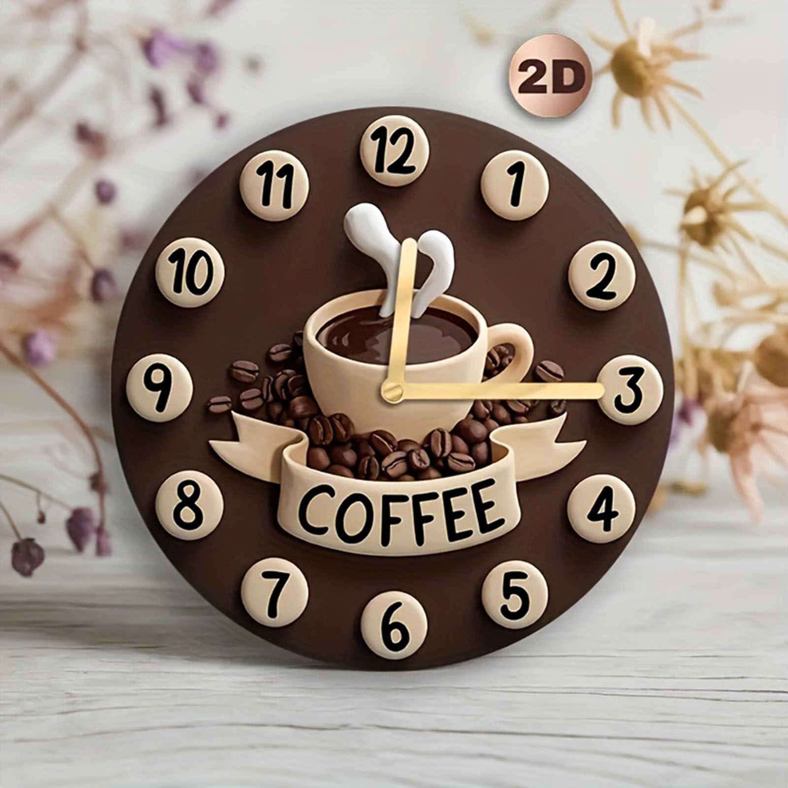 2D Coffee Cup Clock Simple Silent Hanging Ornament Wooden Wall Clock for Farmhouse Home Kitchen Home Cafe Decoration