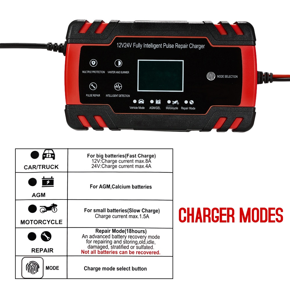 Chargeur de batterie de voiture 12V 8A 24V 4A | Chargeur de batterie intelligent, automatique, 3 étages, affichage LCD, chargeur de batterie à acide plomb humide, AGM GEL