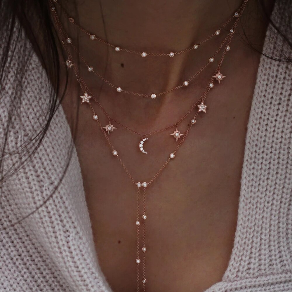 Vintage Crystal Geometry Star Moon Lock Necklace For Women Boho Multi-level Pendants Necklaces Chokers Jewelry: NE-0458-NE-0053-24