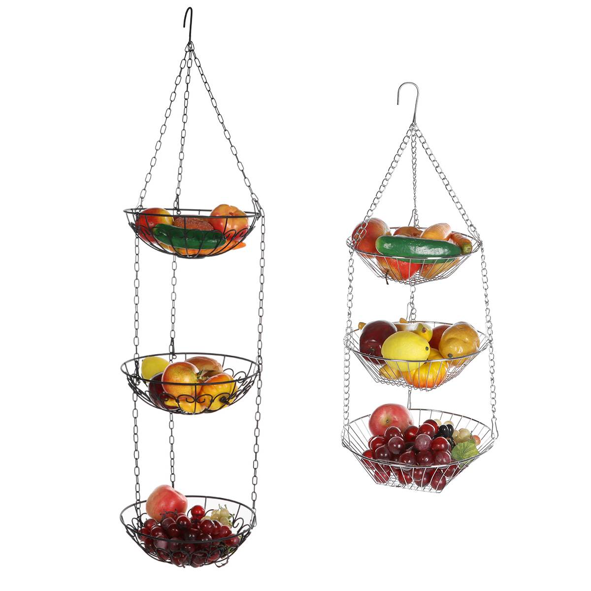 3-Tier Metal Delicate Fruit Display Basket Hanging Basket Sturdy Vegetable Rack Vegetable Hanging Basket