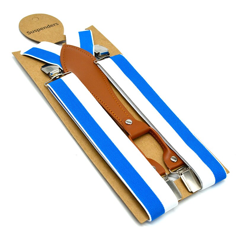 Showersmile stripe hängslen herr gröna byxbälten 3.5cm elastiska byxremmar 4 clips hängslen man gul röd blå: Vit blå