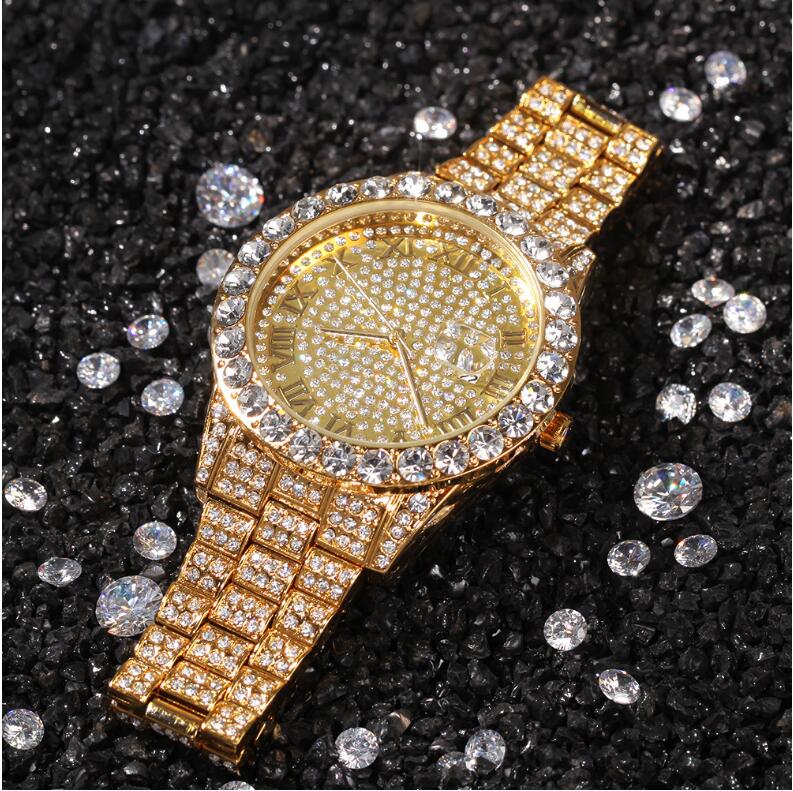 Mannen Diament Gouden Horloges Luxe Volledige Iced Out Gold Diamond Horloge Voor Mannen Quartz Horloge Waterdicht Mannen Polshorloge Klok