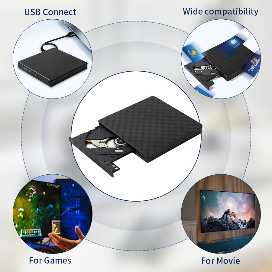 Externes DVD-Laufwerk, USB 3.0, tragbar, schlank, optisches Laufwerk, Brenner, Lesegerät, Player, Tablett-Typ, tragbar, für Laptop, PC, Computer