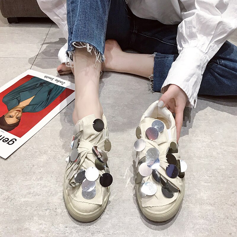 Grunne munn glitter sko all-match casual kvinnelige joggesko shose kvinner dame runde tå espadrilles plattform