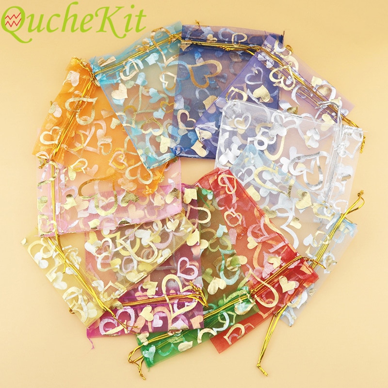 Bolsas pequeñas de Organza para decoración de bodas, embalaje de joyería, dulces de Chocolate, bolsa de con de corazones de Navidad, 100 Uds.