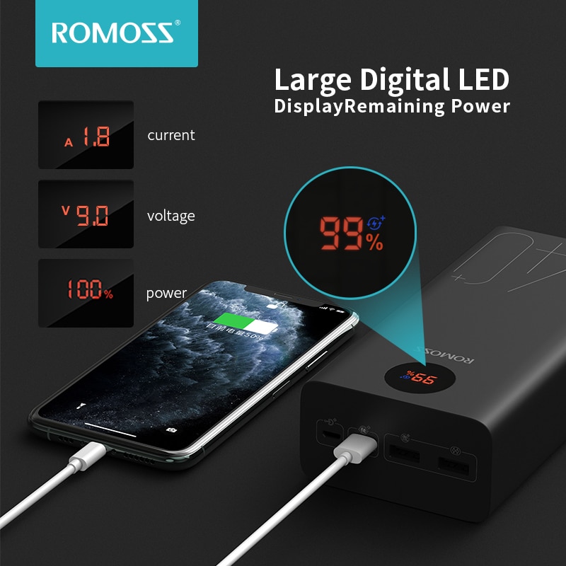 ROMOSS Zeus Energie Bank 40000mAh 18W PD QC 3,0 schnell aufladen 40000mAh Energie Typ-C Externe batterie Ladegerät Für iPhone Huawei