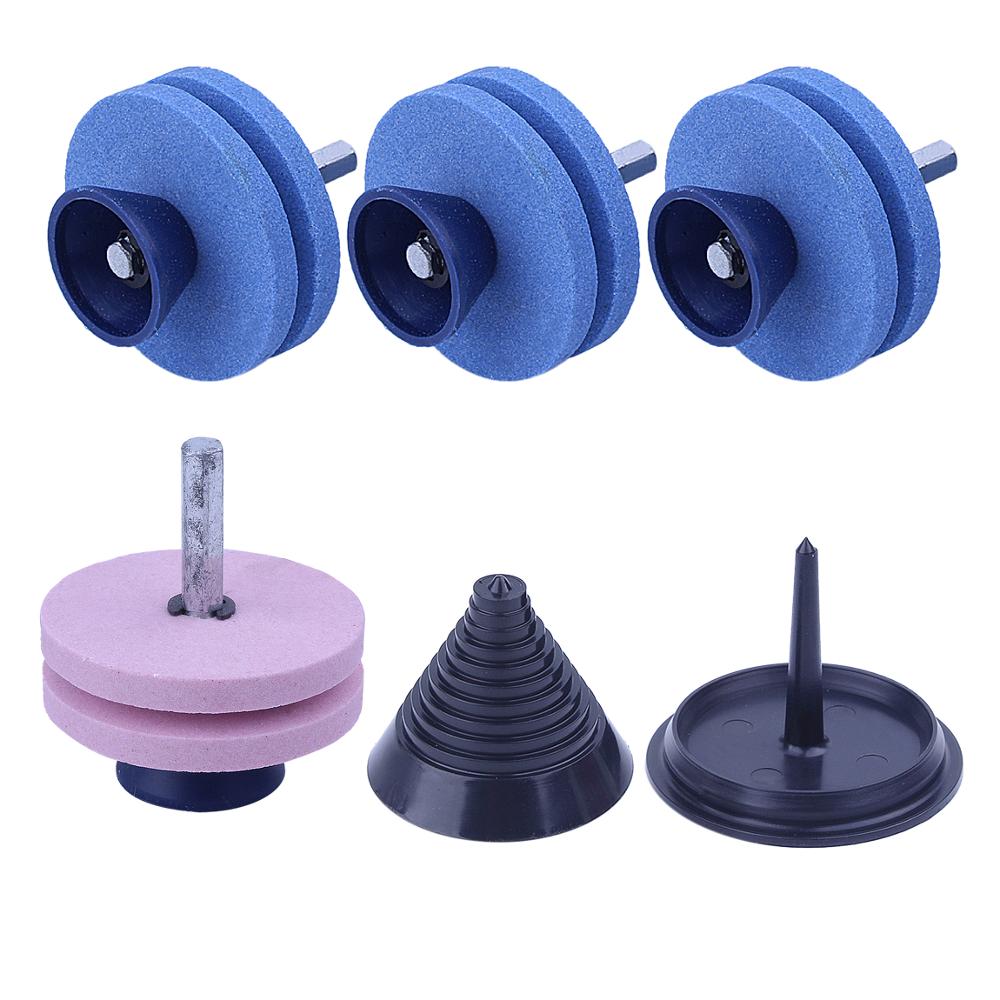 Cortadora de césped de doble capa, afilador de cuchillas para taladro con balancador de cuchillas para taladro eléctrico, 4 Uds.