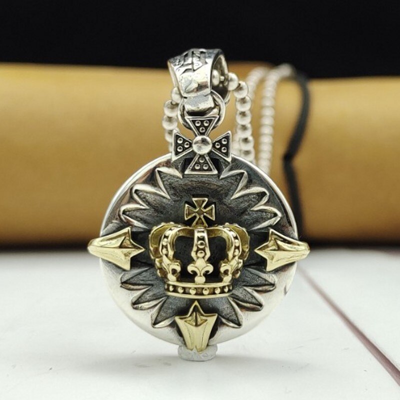Bocai 2022 pure  s925 silver #39 vintage round card crown cross trendy punk style men pendant valentinstag