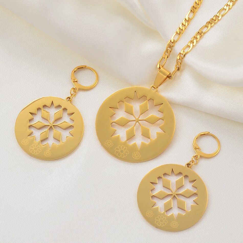 Anniyo Flower sets Pendant Necklaces and Earrings Jewellery se for Women Gold Color Hawaii Marshall Pohnpei Guam Kundu #078621P