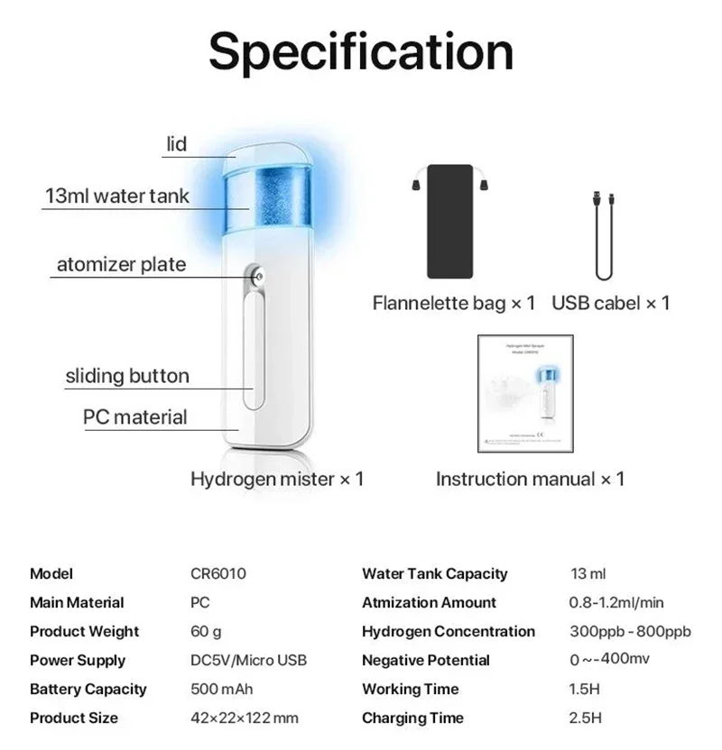 800ppb portátil rico en hidrógeno agua señor súper antioxidante ORP pulverizador facial Nano hidrógeno Molecular disuelto H2 señor