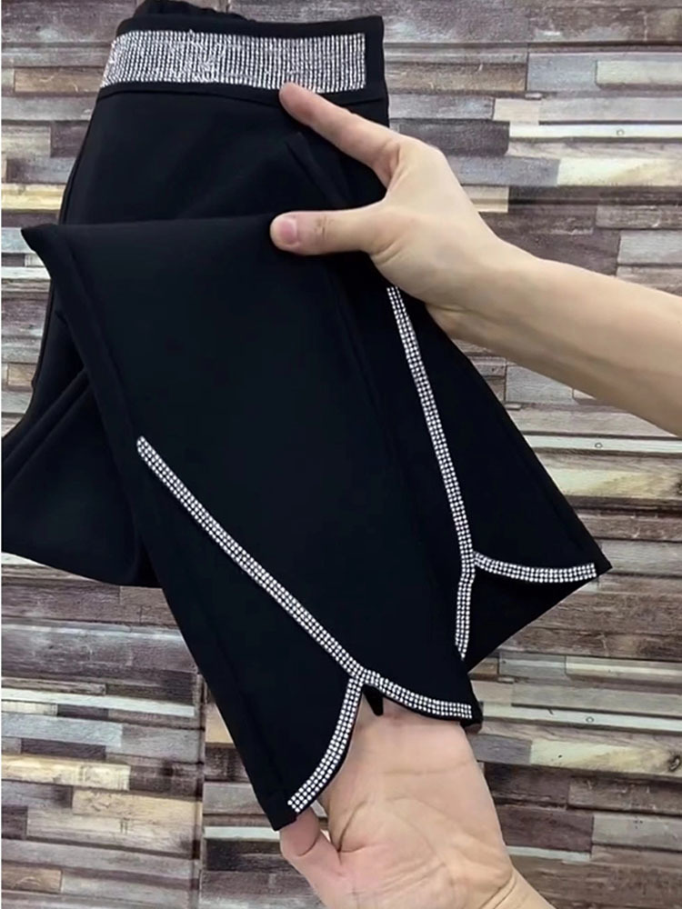 Diamant alle-kamp svarte rette bukser til kvinner sommer tynne draperte lommer løse høy midje splittede vide benbukser