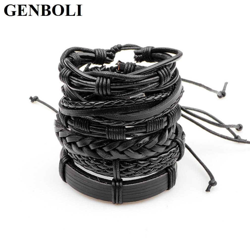 GENBOLI 6 stk/set Mannen Sieraden Verstelbare Zwart PU Leather Weave Wrap Armband Multilayer Lace-up mannen Armband