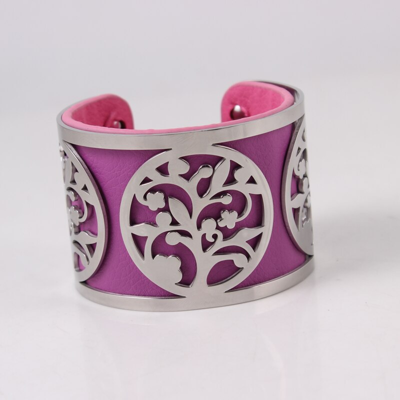 Árvore da vida pulseira de aço inoxidável ajustável georgette bangles intercambiáveis pulseira de couro para presente de jóias femininas: 5cm wide purple