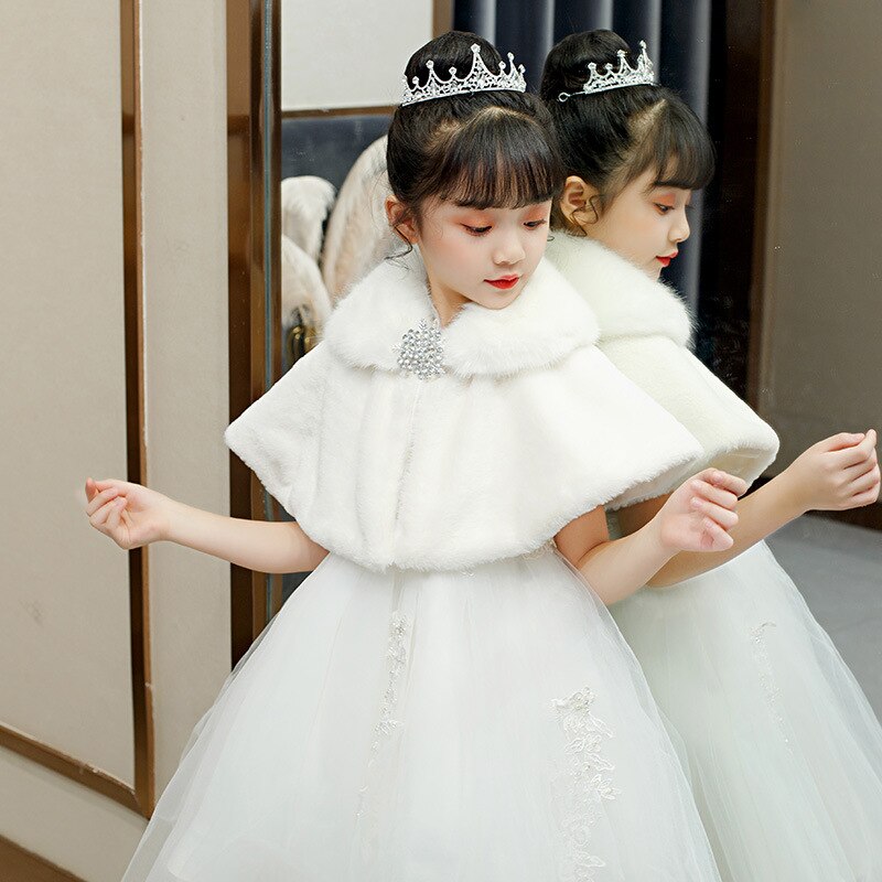 Châle en fausse fourrure pour petite fille, blanc ivoire, robe de soirée de mariage, gilet épais en peluche, formel et pour enfants