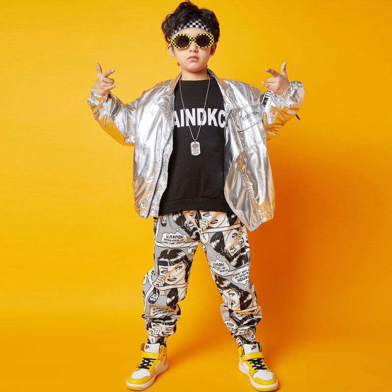 Jazz Dance Kostüme Jungen Silber Hip Hop Street Dance Praxis Tragen Kinder Bühne Rave Outfit Druck Leistung Kleidung DC3113