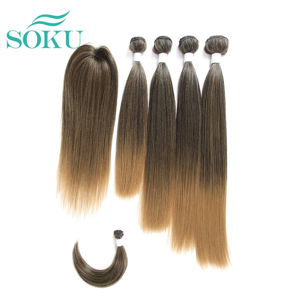 Soku Yaki Steil Haar Synthetisch Haar Bundels Met Sluiting Bang Weeft Voor Volledige Hoofd 12-18Inch Ombre Bruin haarverlenging