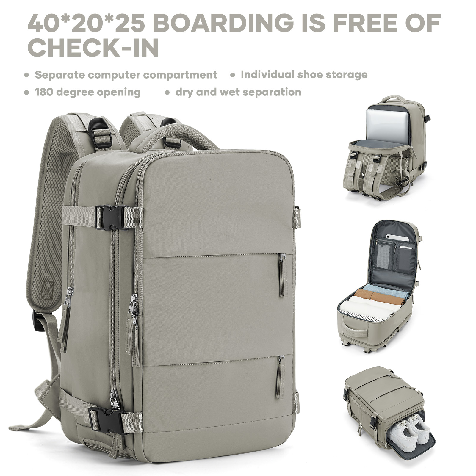 College Laptoptas Reisrugzak Grote capaciteit Easyjet 45x36x20 Rugzak Ryanair 40x20x25 Cabin Rugzak, Handbagage Tas: 12 Inches / Khaki