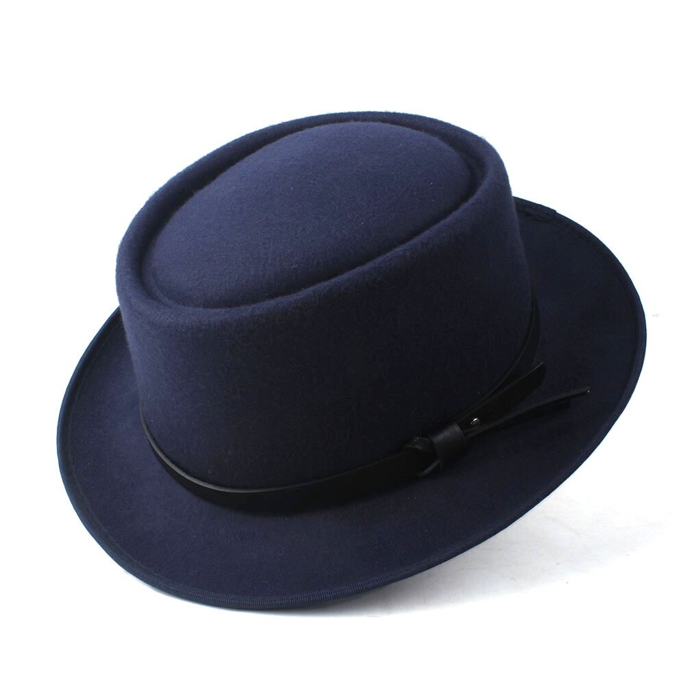 Mode vrouwen Fedora Hoed met Pork Pie Hoed voor Dame Kerk Wolvilt Hoed Kerk Trilby Tovenaar Platte Hoed maat 58cm: Dark Blue